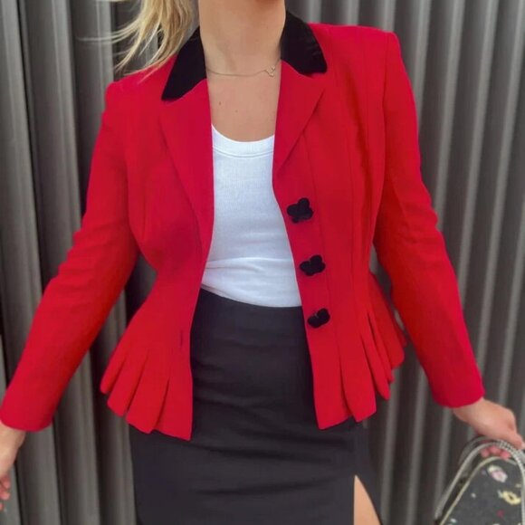 Moschino Red Peplum Black Velvet Trim Ace Spade Jacket 8 ALICE WONDERLAND BLAZER - Picture 2 of 15